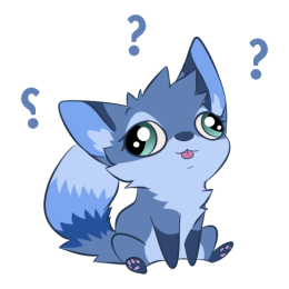 Blue fox character with a confused expression and questing marks floating in the air around them