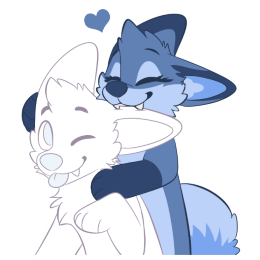 Blue fox playfully biting a placeholder character's ear