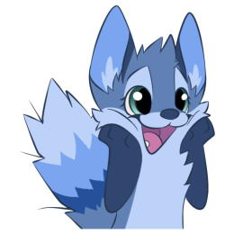A blue fox character with an open mouth, wide open eyes, paws on the cheeks and tail pointing upward