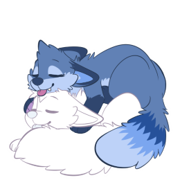 A blue fox character happily laying on top of a placeholder character, both with their eyes closed