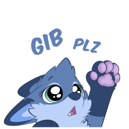 Blue fox character reaching towards the air with their paws, with the text "GIB PLZ" above them