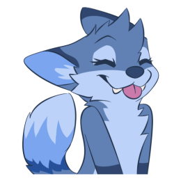 A blue fox character happily standing with their eyes closed, paws together and tongue stick out