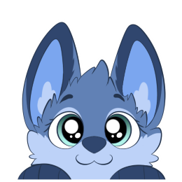 A blue fox character's face looking directly at the viewer with eyes wide open and 3-shaped mouth