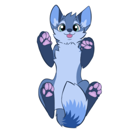 Blue fox character show in a top-down view, all legs in the air, proudly showing off their paw pads