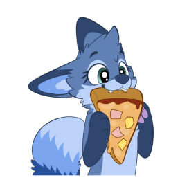 Blue fox holding a slice of Hawaiian pizza in their mouth