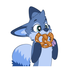 Blue fox holding a pretzel in their mouth