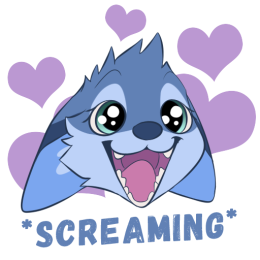 Blue fox character's head with an excited expression hearts in the background & the text *SCREAMING*