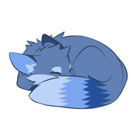 Blue fox character laying down curled up with their eyes closed and head tucked behind their tail