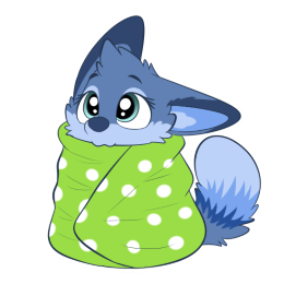 Blue fox character snugly wrapped up in a lime-colored blanket with a light-spotted pattern