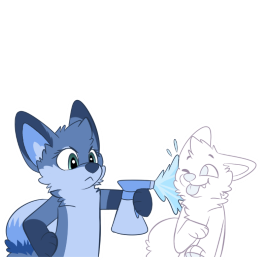 Blue fox angrily holding a spray water bottle, spraying it towards a placeholder character