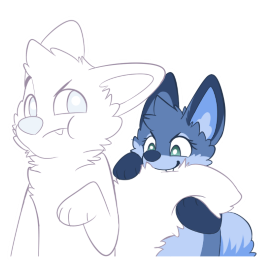 A blue fox character playfully holding and biting into a confused placeholder character's tail