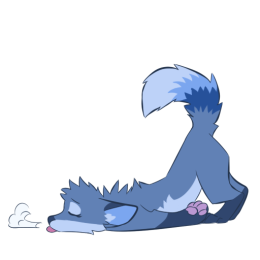Blue fox character fallen forward onto the ground with their eyes closed while sighing heavily