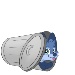 A blue fox character playfully peeking out from inside an otherwise empty knocked over trash can