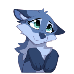 Blue fox with her ears flopped down, holding up her front paws and looking up with a slight smile