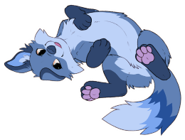 Blue fox character rolling on their back with their hind legs in the air, showing their paws