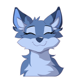 Blue fox facing straight ahead with her eyes closed and a slight smile