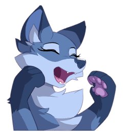 Blue fox with closed eyes and an open mouth, with her front paws raised on both sides
